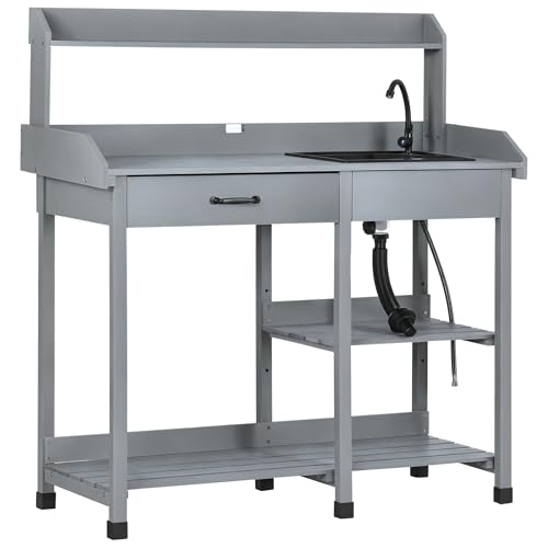 Wooden Potting Bench Table with Sink and Drawer T6717
