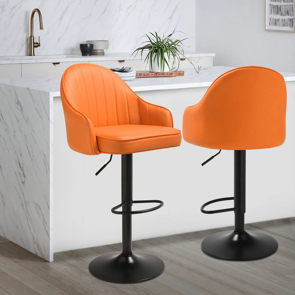 Orange Faux Leather Swivel Bar Stool Set of 2 with Backrest & Armrest D35024