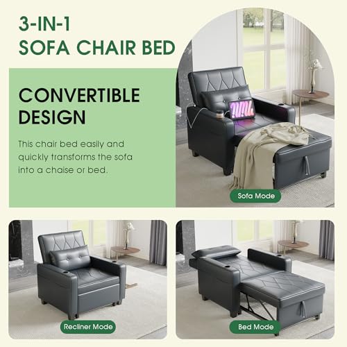 Black Leather Convertible Sofa Chair Bed H714393