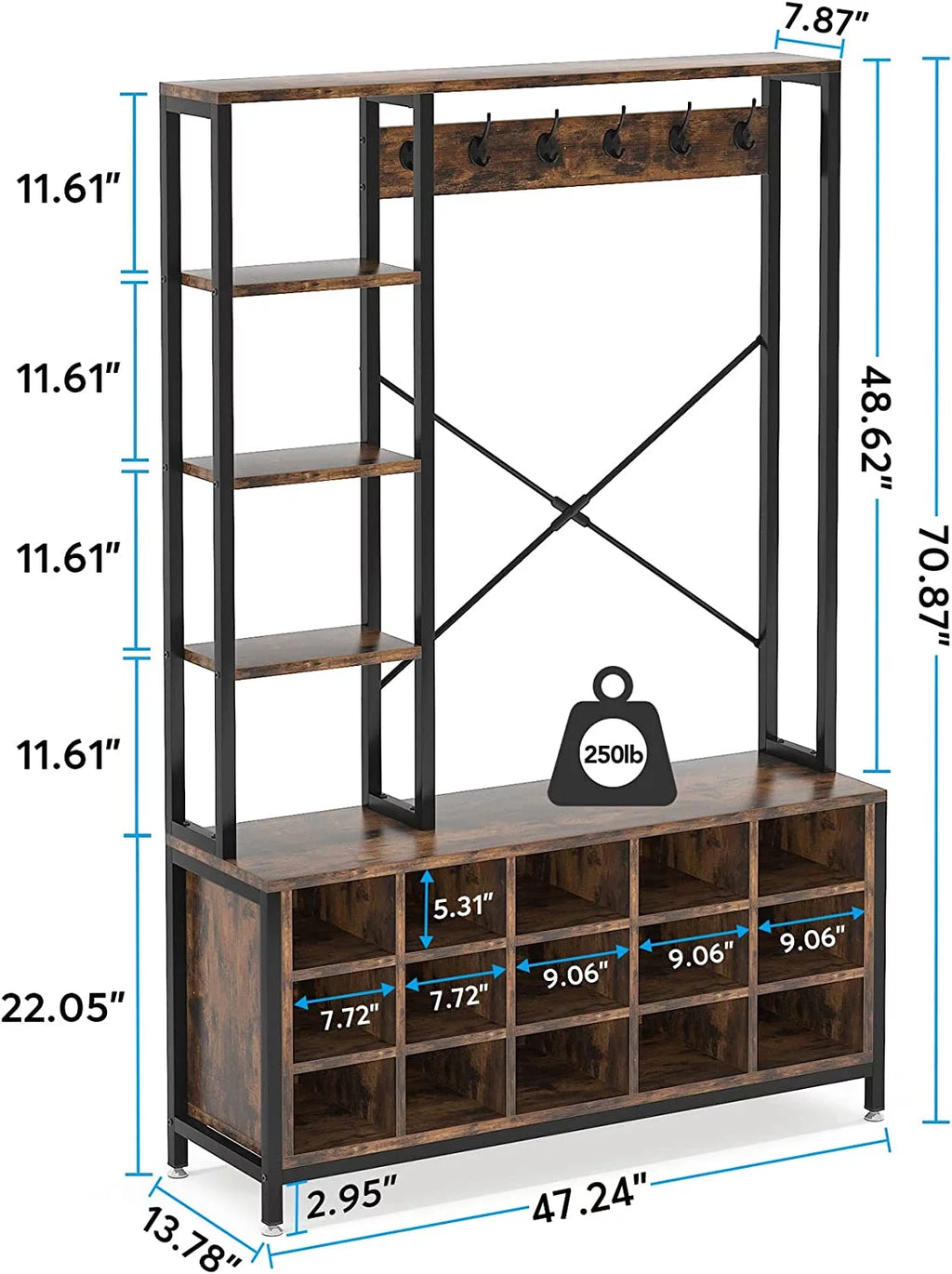 Industrial Hall Tree with Bench and Shoe Storage and Coat Rack X994