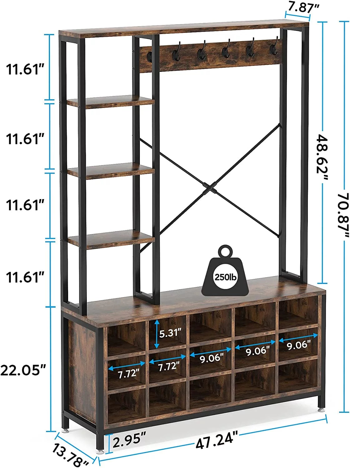 Industrial Hall Tree with Bench and Shoe Storage and Coat Rack X994