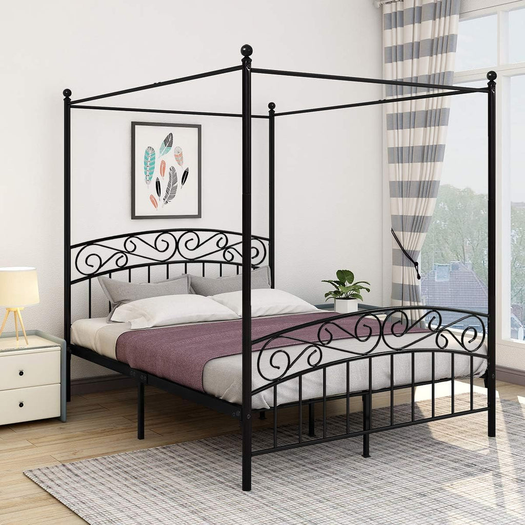 Queen Black Metal Canopy Bed Frame with Headboard & Footboard I5482