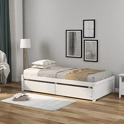 White Twin Size Wooden Platform Bed with 2 Drawers Z972