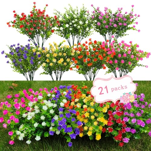 21 Bundles Outdoor Faux Plants UV Resistant Plastic Artificial Flowers G5976
