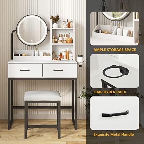 White Vanity Desk with Round Mirror and Lights, Brown and Black, 15.75 * 31.5 * 53.6in L54848
