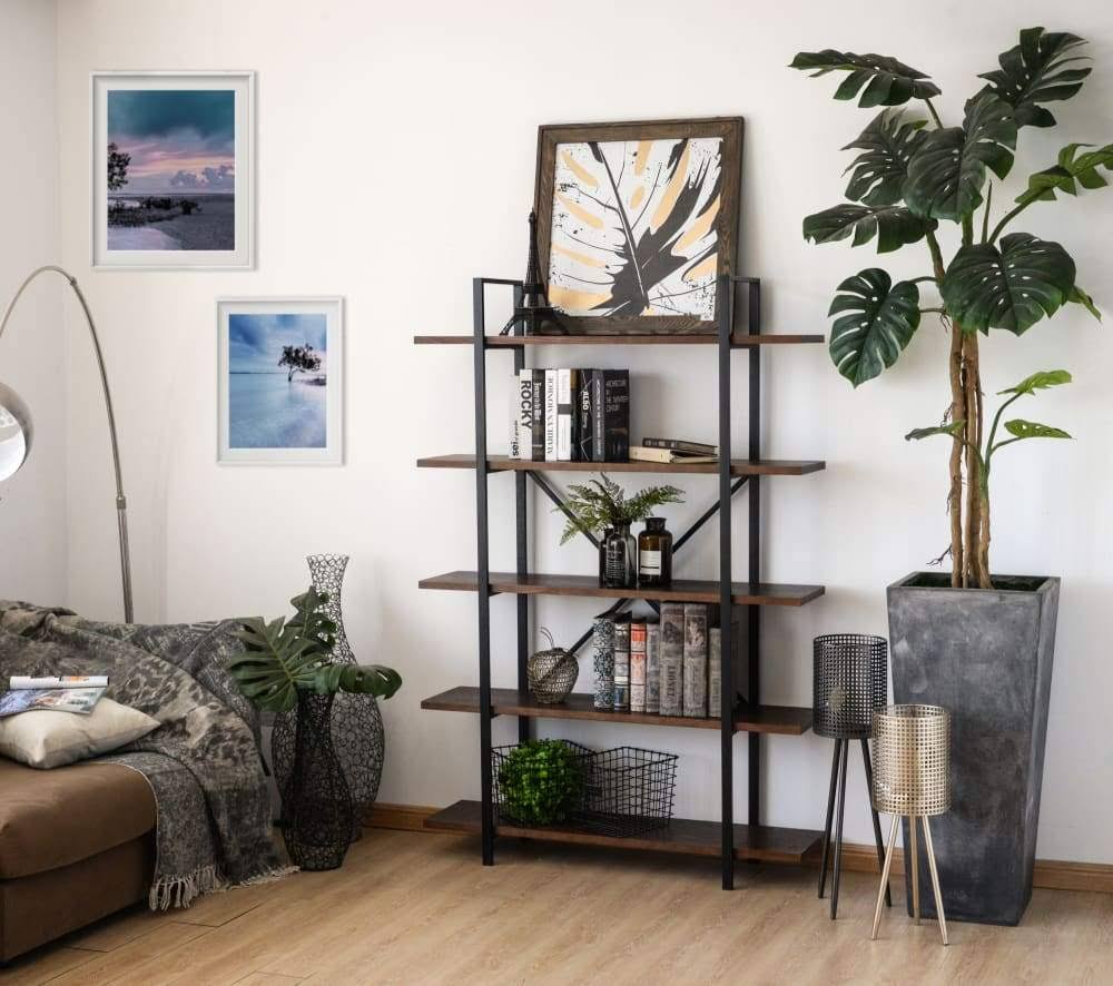 Walnut 5-Shelf Bookcase Brown Metal W293