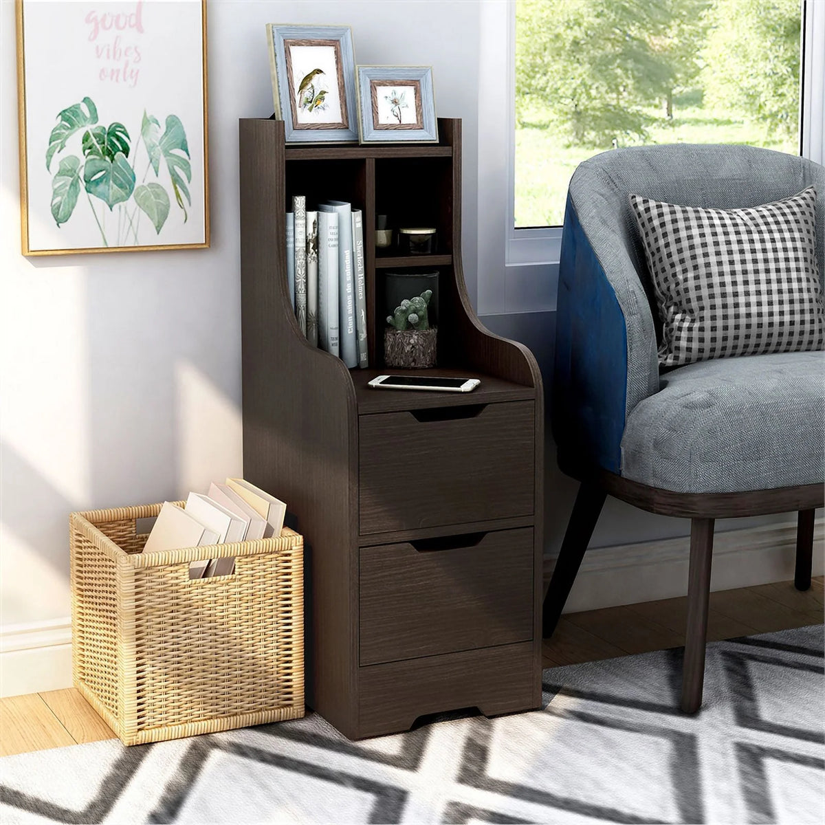 Walnut Wood 2-Drawer Nightstand with Open-Shelf X359