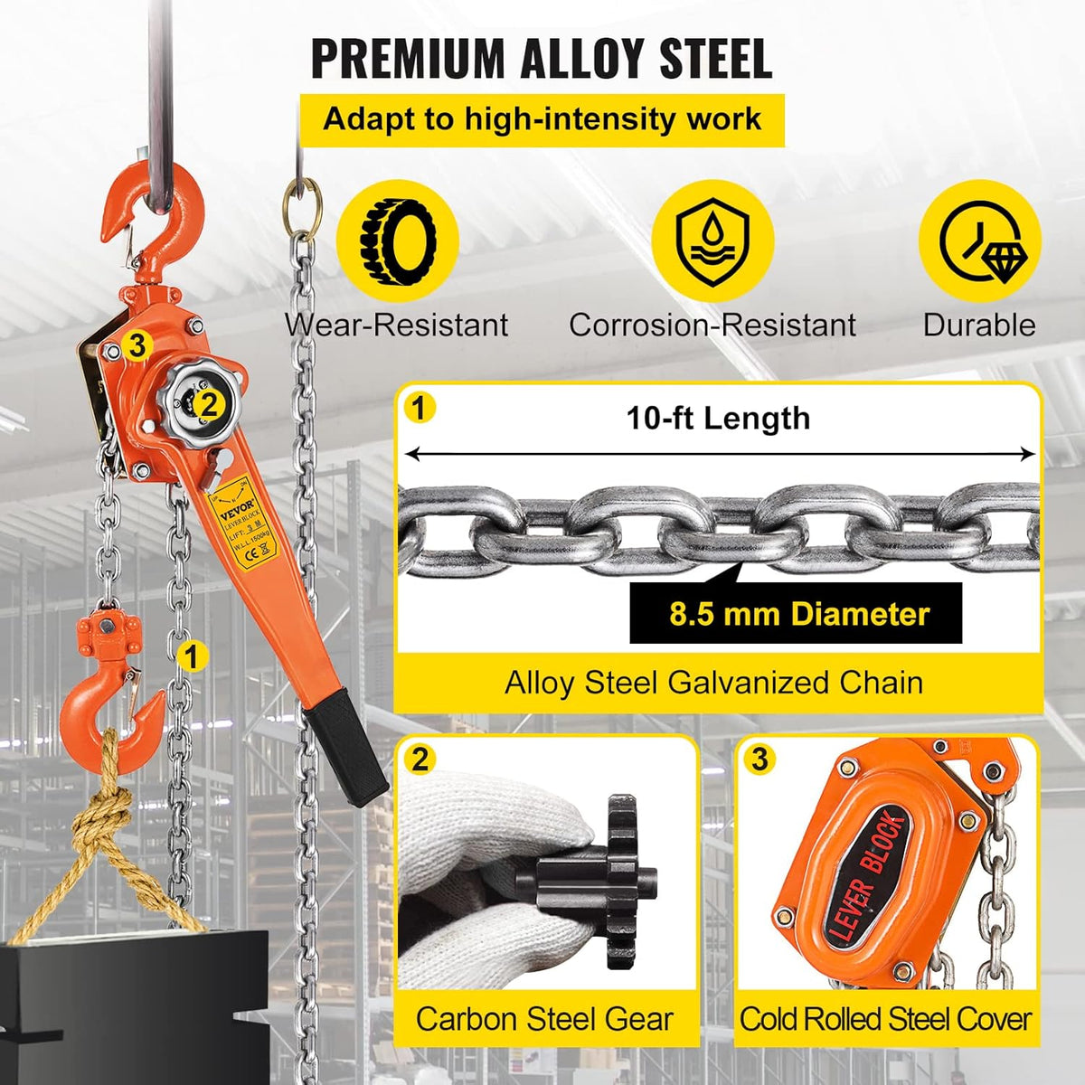 1.5Ton 3300lbs Capacity Ratchet Puller with 10FT Lifting Height, Heavy Duty Steel Hooks A278226