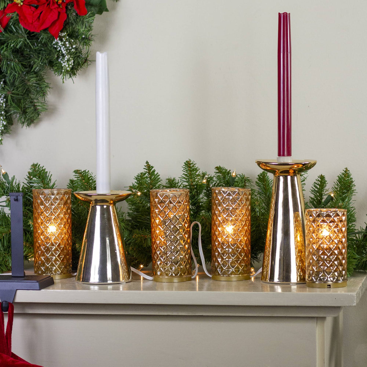 Gold Mercury Glass Flameless Christmas Candle Lights T47797