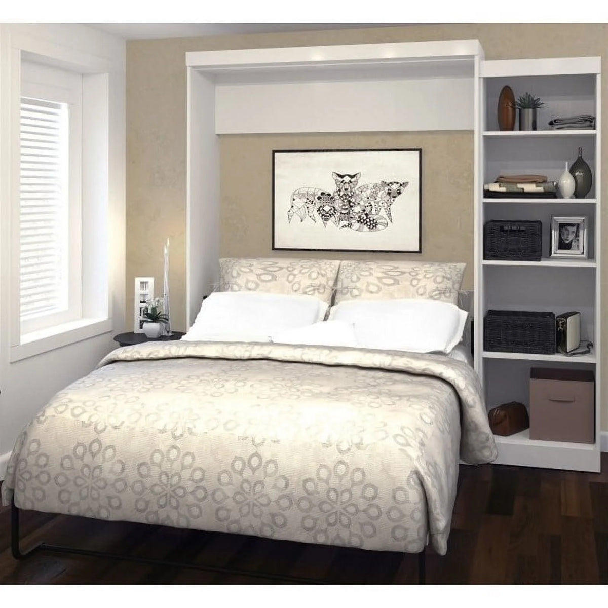 Queen Wall Bed with Storage in White V2562