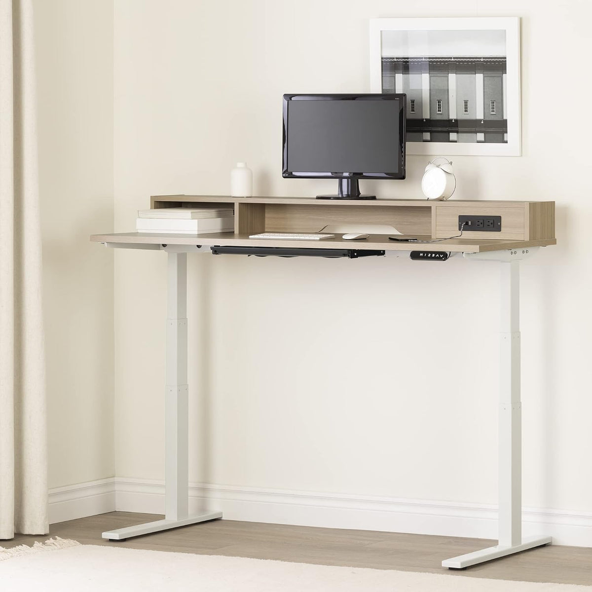 Adjustable Height Standing Desk with Built In Power Bar Soft Elm and Matte Black W467443