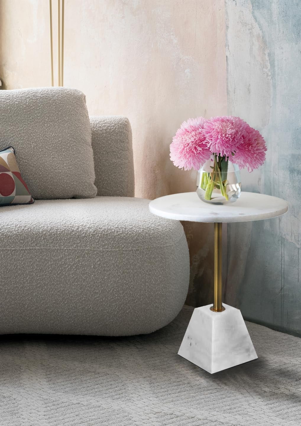 White Marble Pedestal Side Table with Metal Base Y562189