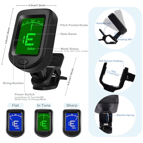 Guitar Accessories Kit with Clip On Tuner, 3 in 1 Capo, 30 Picks, Pick Holder, Leather Plectrum Pouch Keyring & Storage Case J1720