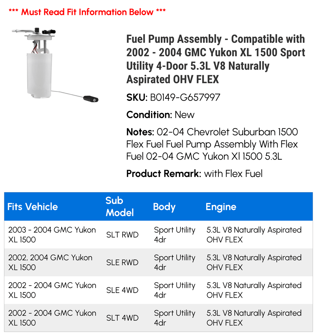 Fuel Pump Assembly Compatible with 2002-2004 GMC Yukon XL 1500 5.3L V8 B2648