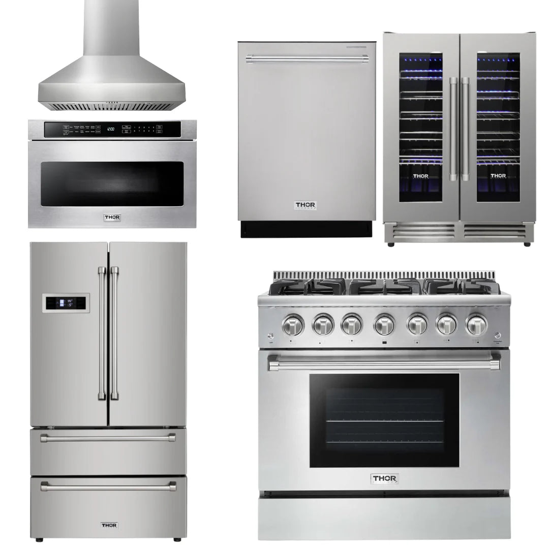 36 Propane Gas Range, Range Hood, Microwave, Refrigerator, Dishwasher, Wine Cooler L3126