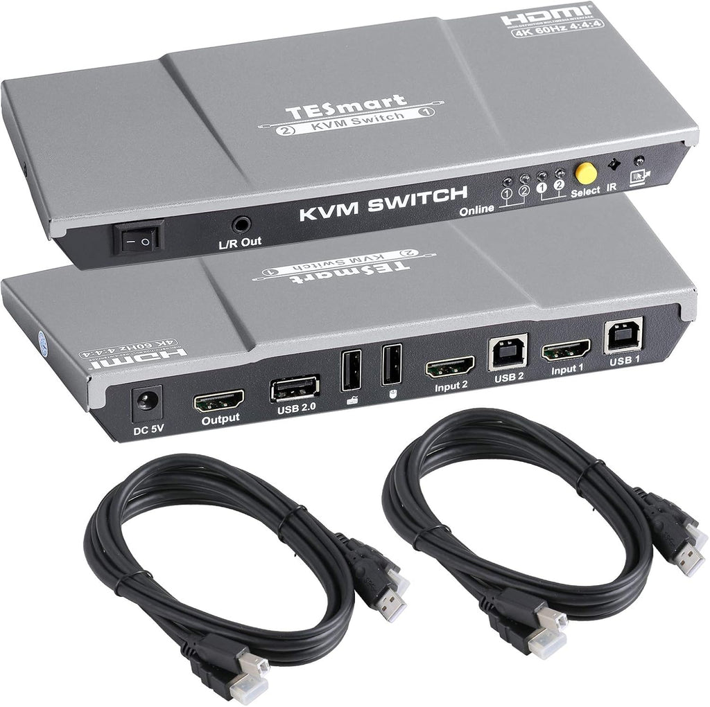 2 Port HDMI KVM Switch 2x1 USB 2.0 4K@60Hz with 2 Pcs 5ft KVM Cables Black T20539