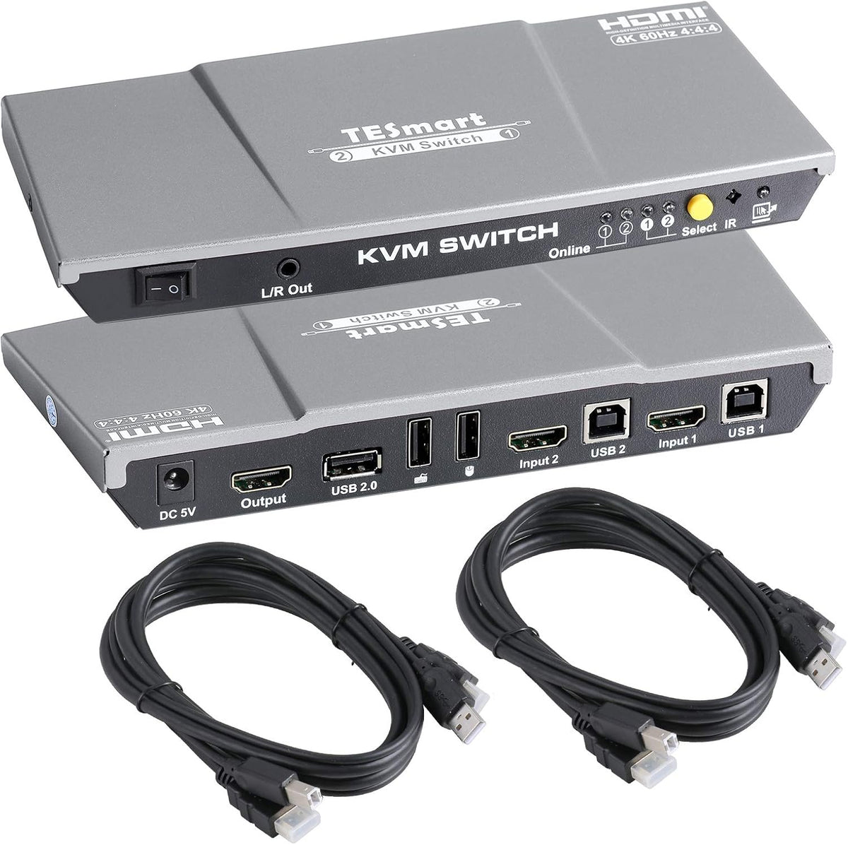 2 Port HDMI KVM Switch 2x1 USB 2.0 4K@60Hz with 2 Pcs 5ft KVM Cables Black T20539