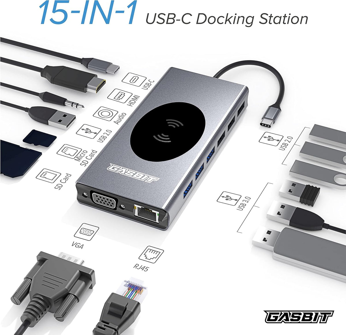 15-in-1 USB C Hub Multiport Adapter with Wireless Phone Charger H1114