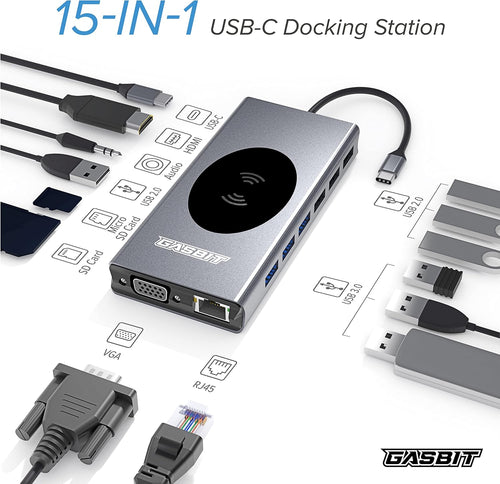 15-in-1 USB C Hub Multiport Adapter with Wireless Phone Charger H1114