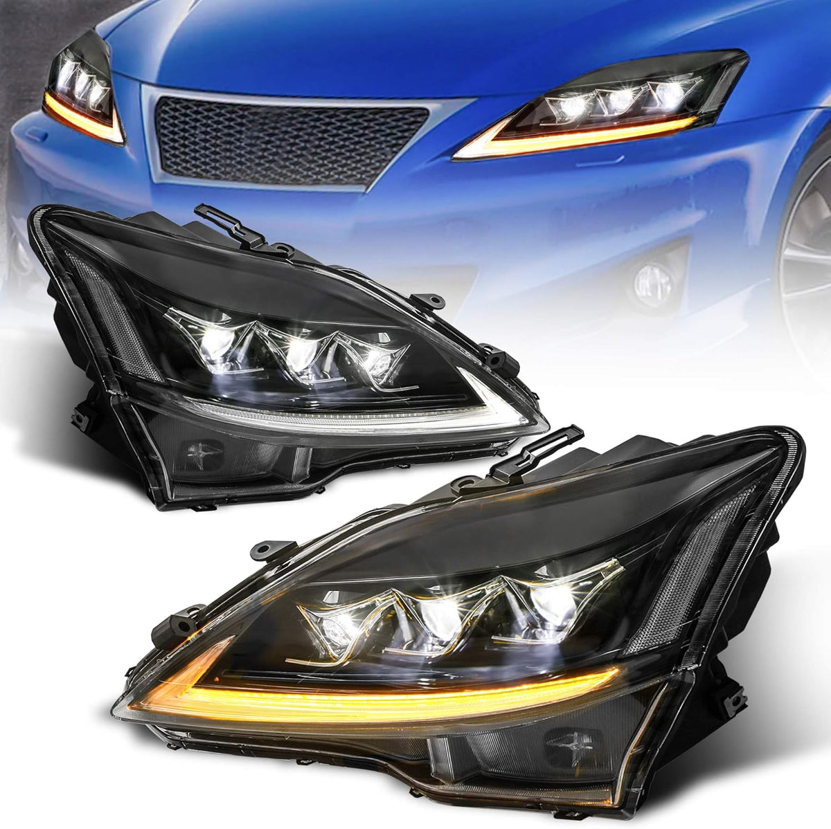 Full LED Projector Headlight with Sequential Turn Light, Amber Reflector (Set of 2) I36803