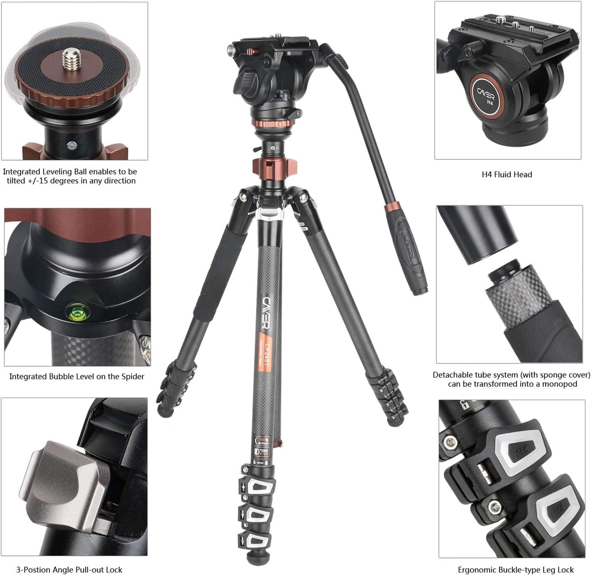 67 inches Carbon Fiber 4-Section Video Tripod with Fluid Drag Head X9635