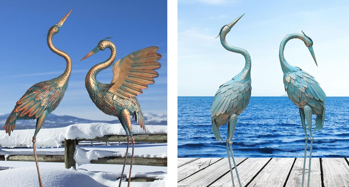 Set of 2 Metal Garden Crane Statues V18308