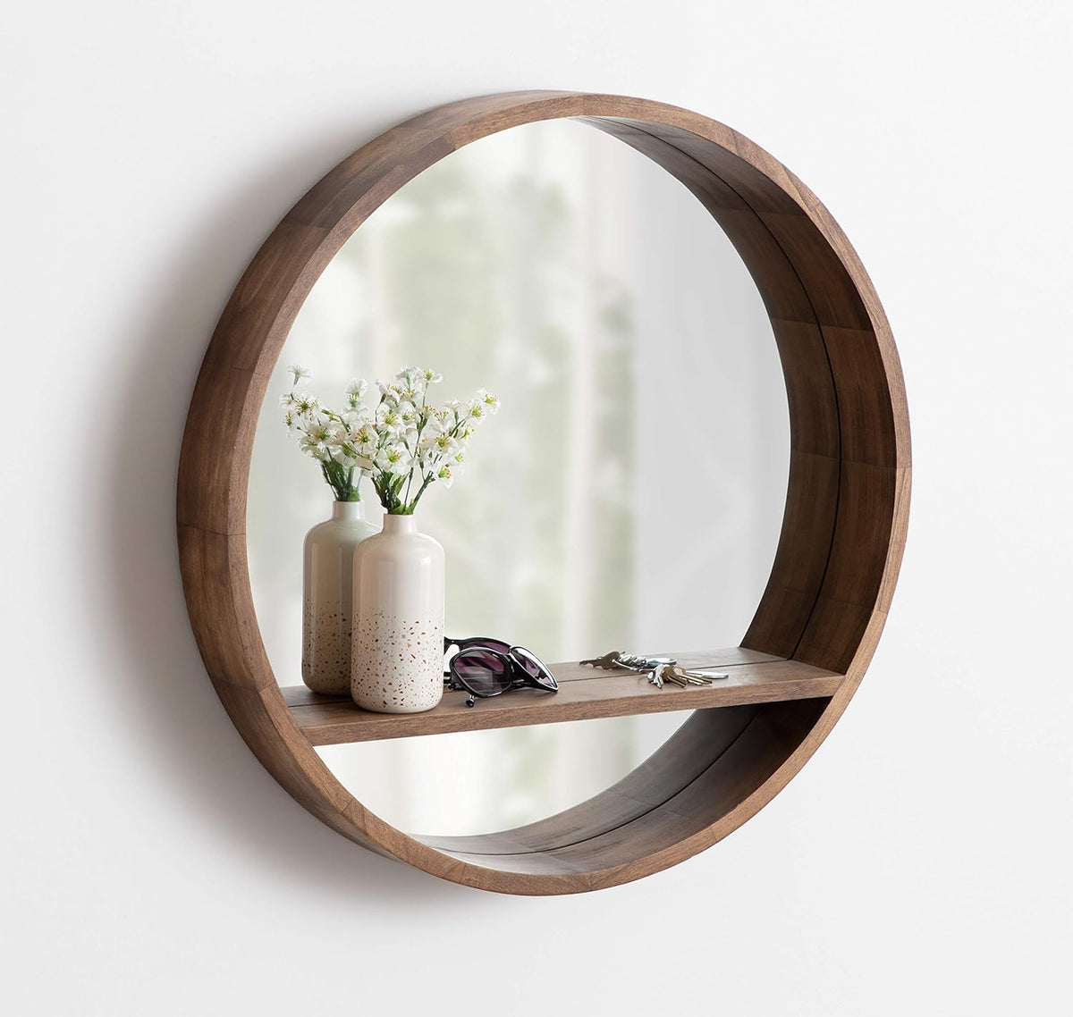 Round Mirror with Shelf, 30" Diameter, Rustic Brown Finish G802