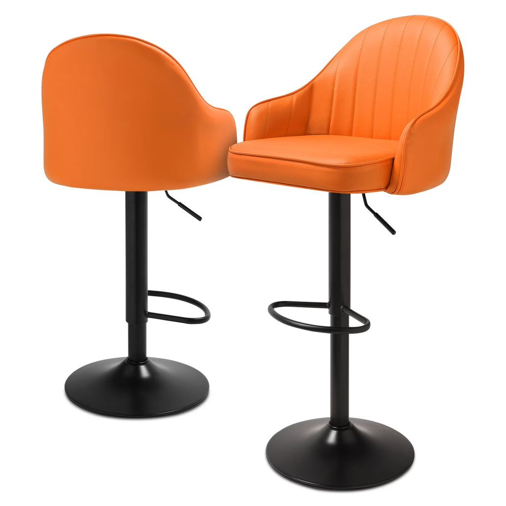 Orange Faux Leather Swivel Bar Stool Set of 2 with Backrest & Armrest D35024