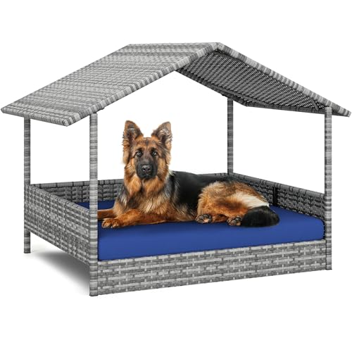 Large Wicker Dog House with Cushion and Canopy S611532