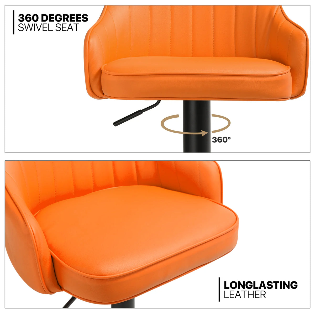 Orange Faux Leather Swivel Bar Stool Set of 2 with Backrest & Armrest D35024