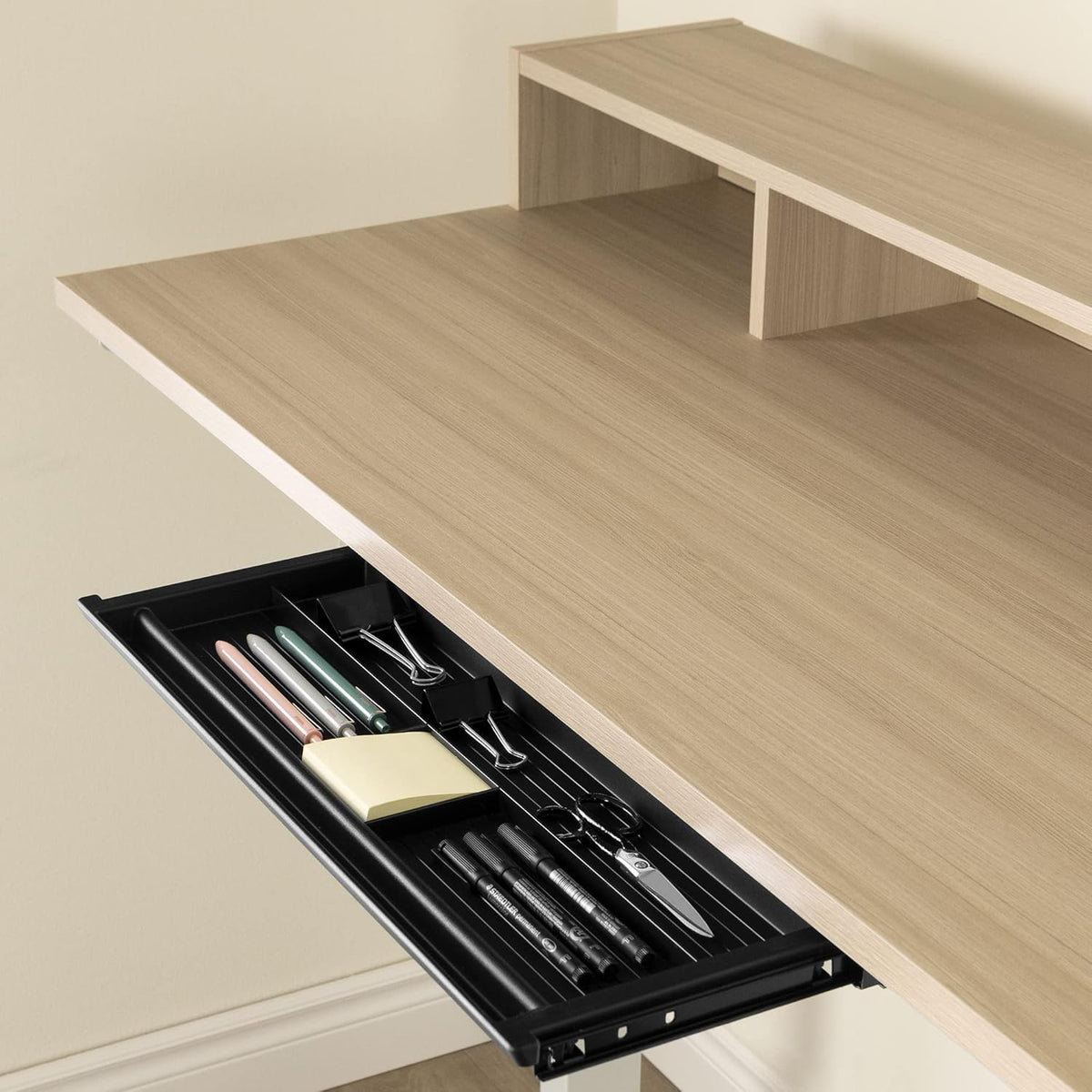 Adjustable Height Standing Desk with Built In Power Bar Soft Elm and Matte Black W467443