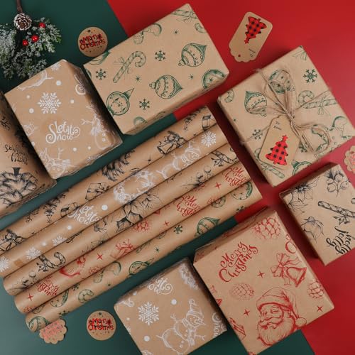 5 Rolls 17" x 120" Vintage Kraft Christmas Wrapping Paper Set L616