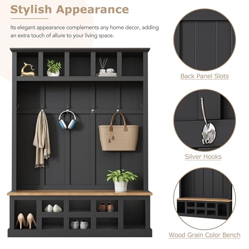 Black Wide Entryway Hall Tree with Storage Bench, Shoe Cabinet with Cube Storage, Coat Rack with 6 Hooks S7506