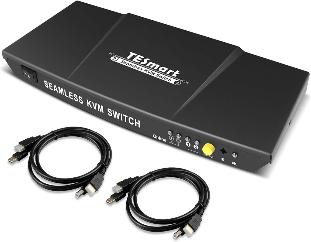 2 Port HDMI KVM Switch 2x1 USB 2.0 4K@60Hz with 2 Pcs 5ft KVM Cables Black T20539