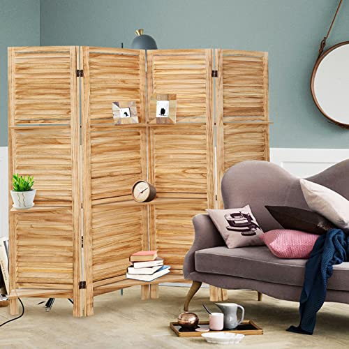 4 Panel Wooden Room Divider with Shelves (Deep Brown) Q65876