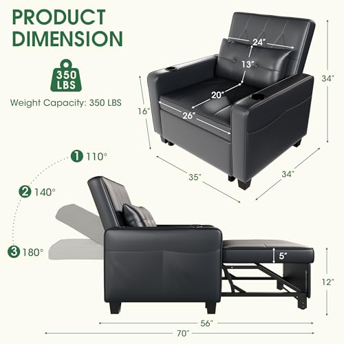 Black Leather Convertible Sofa Chair Bed H714393