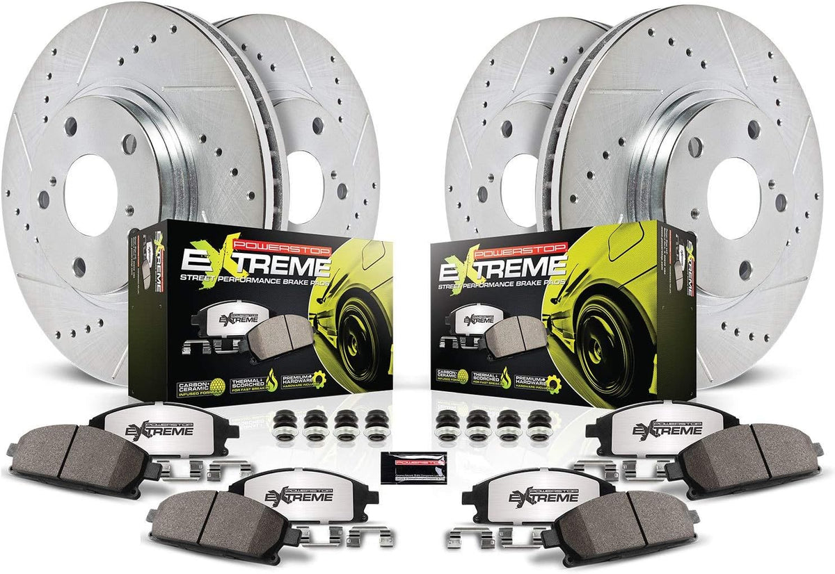 Front and Rear Carbon Fiber Brake Pads with Drilled & Slotted Brake Rotors Kit N222