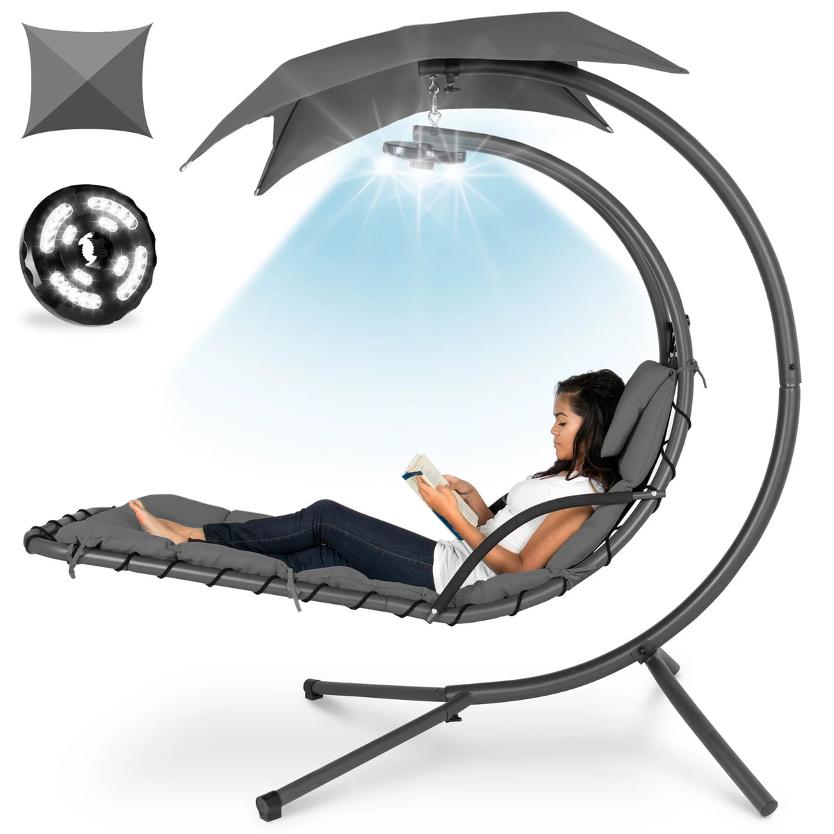 Hanging LED-Lit Curved Chaise Lounge Chair with Pillow, Canopy, Stand - Gray O90326
