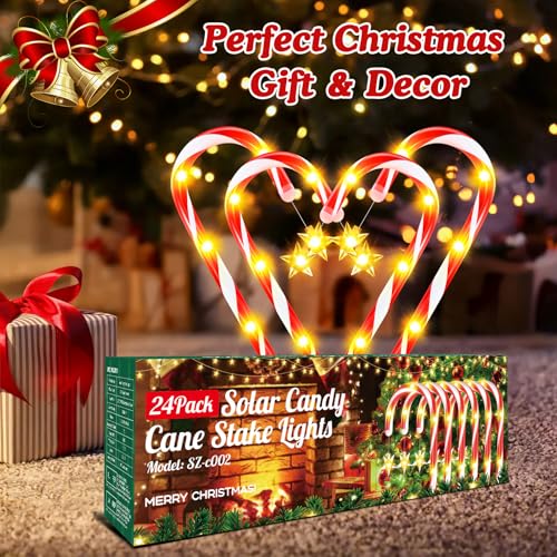 24-Pack Solar Christmas Candy Cane Lights, 144 LED O1458
