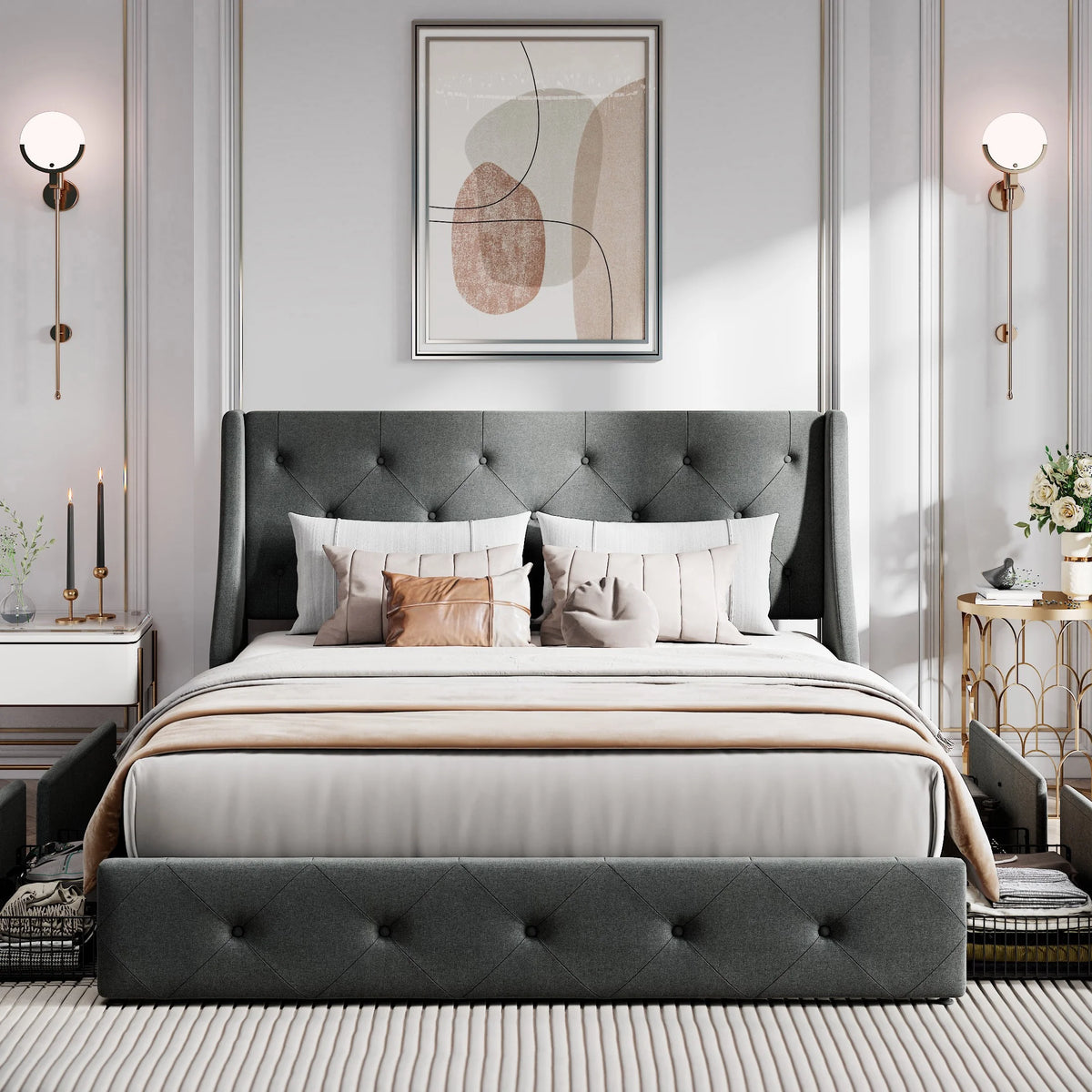 Queen Size Platform Bed Frame with 4 Storage Drawers X866671
