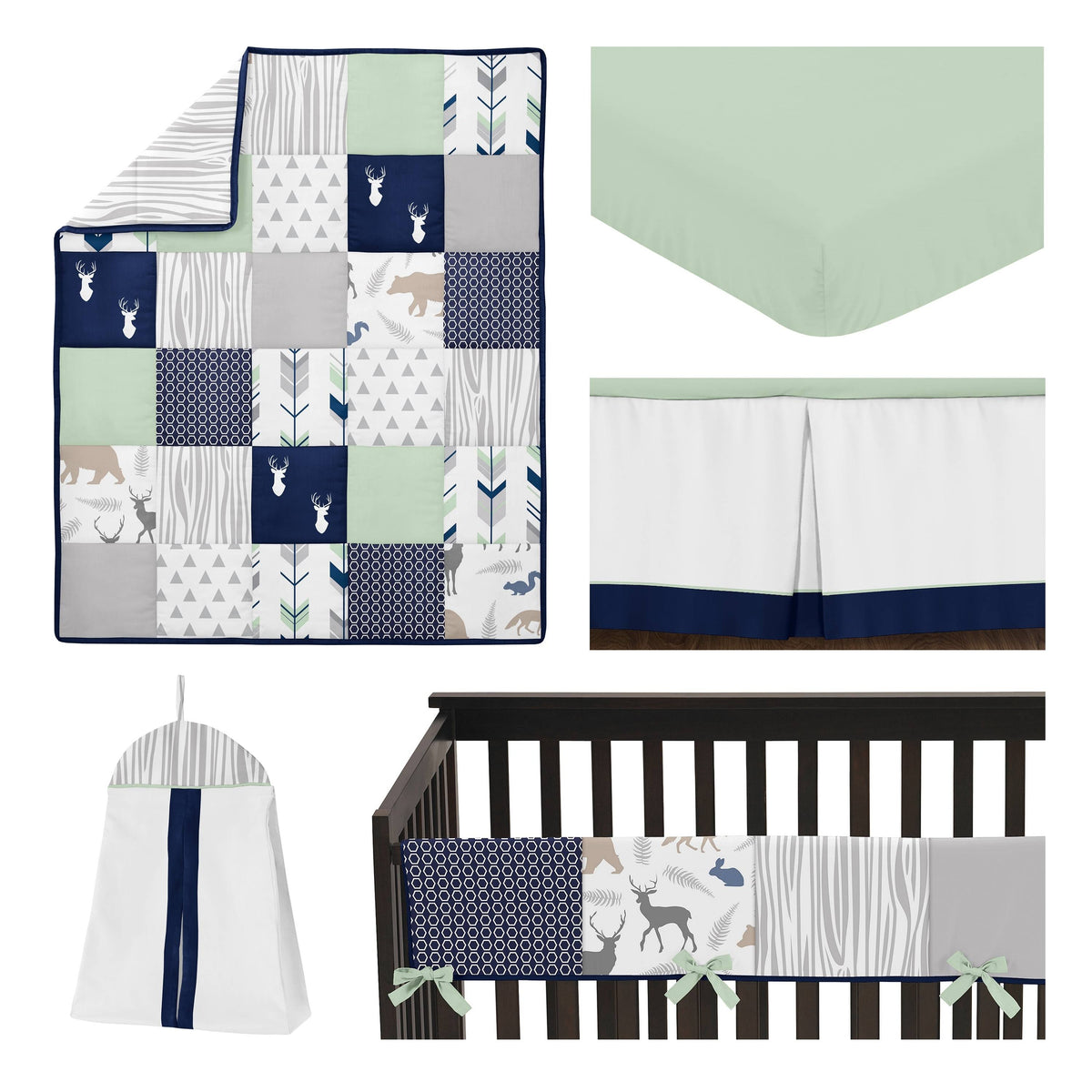 Navy Blue Mint and Grey 5 Pieces Crib Bedding Set S6393