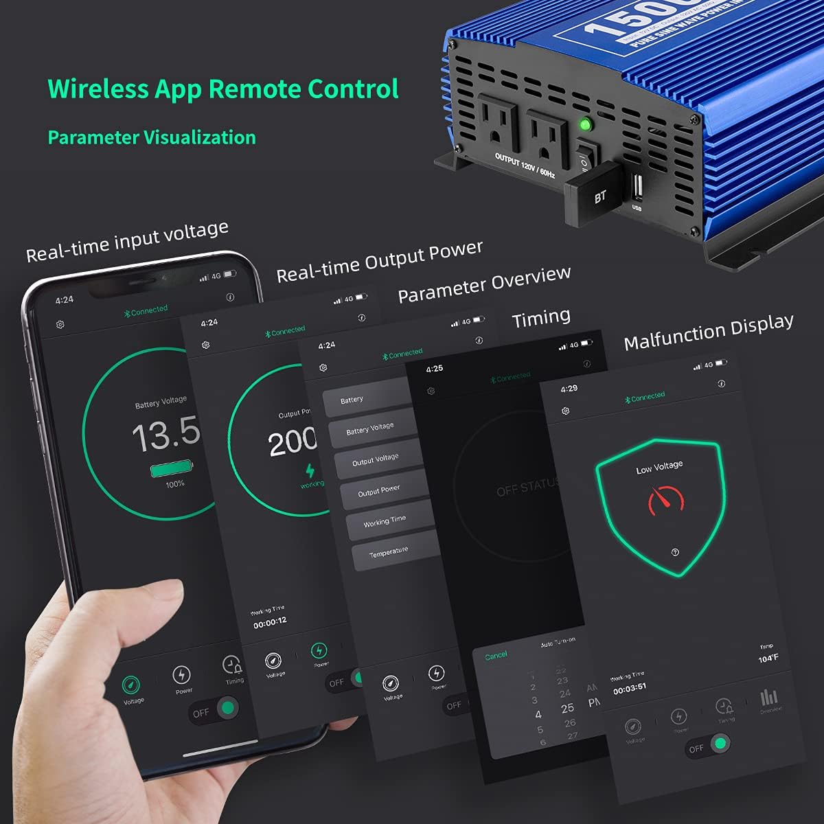 1500W Pure Sine Wave Power Inverter 12V DC to 110V AC with Bluetooth I488663