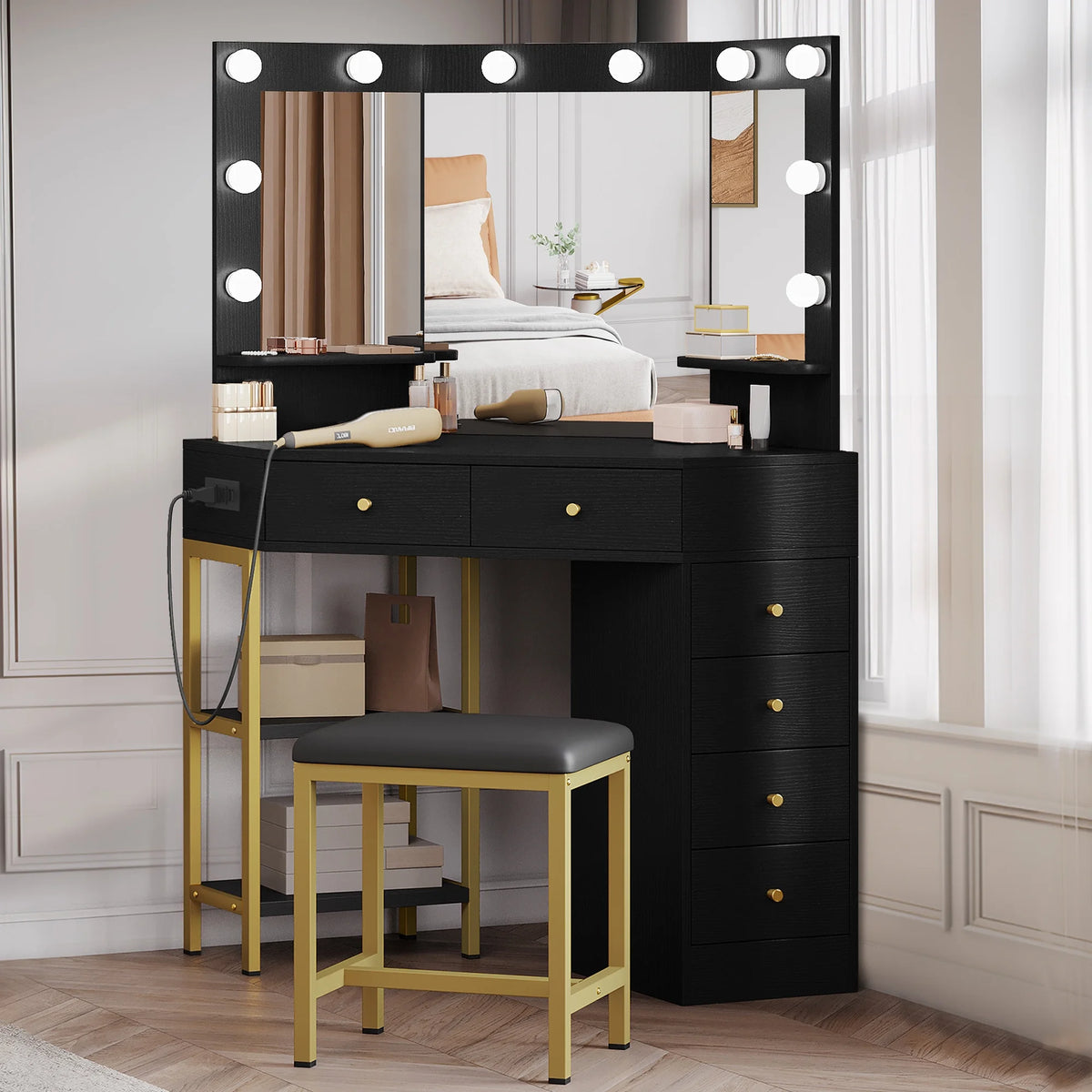 Black Corner Vanity Desk with Mirror and 6 Drawers R439