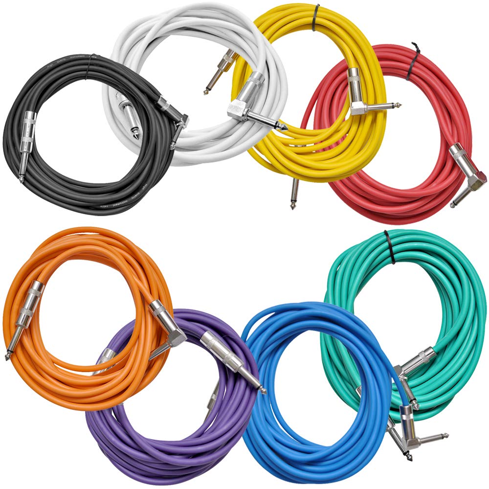 8 Pack of 20 Foot Multi-Color 1/4 Inch TS Right Angle to Straight Guitar Cables S469