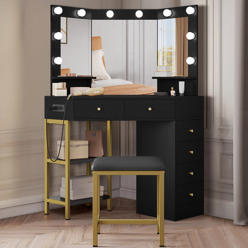 Black Corner Vanity Desk with Mirror and 6 Drawers R439