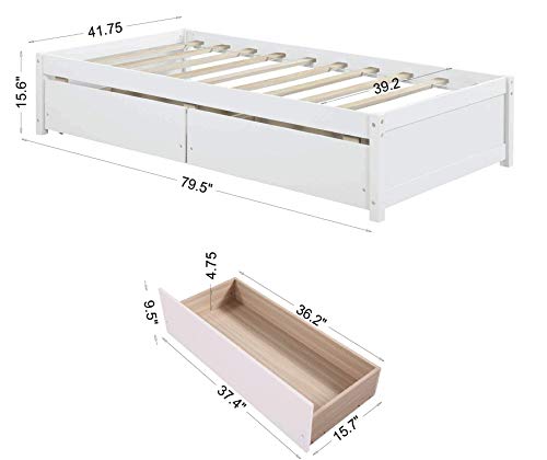 White Twin Size Wooden Platform Bed with 2 Drawers Z972
