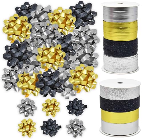 32 Pcs Multi Colored Gift Bows and 8 Curling Ribbon Rolls L660920