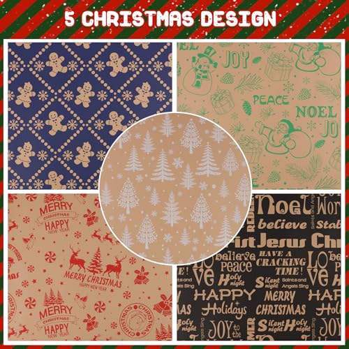 5 Rolls 17" x 120" Vintage Kraft Christmas Wrapping Paper Set L616