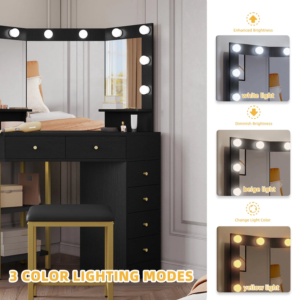 Black Corner Vanity Desk with Mirror and 6 Drawers R439