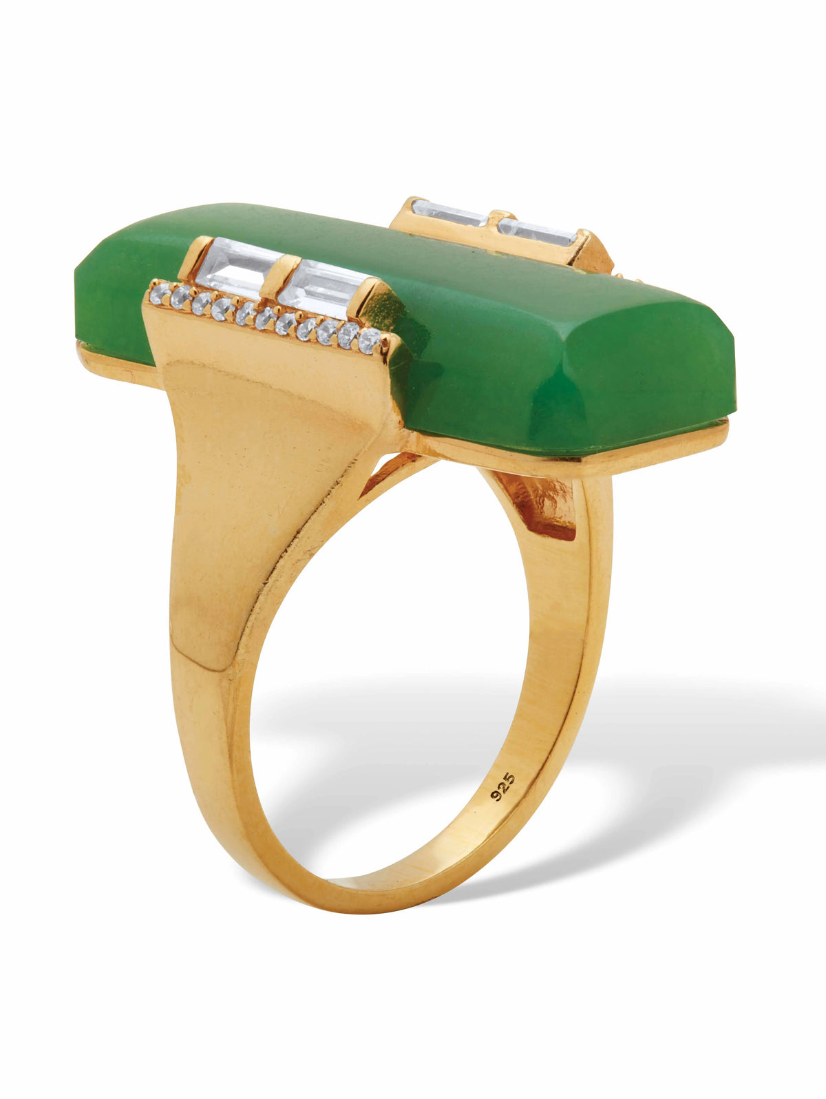 Emerald Cut Green Jade Cabochon Ring with Crystal Rounds and Baguettes in 18k Gold-plated Sterling Silver U9530